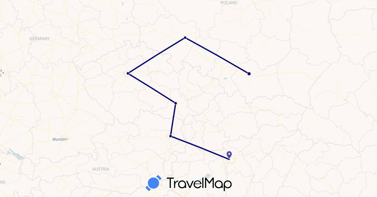TravelMap itinerary: driving in Austria, Czech Republic, Hungary, Poland (Europe)